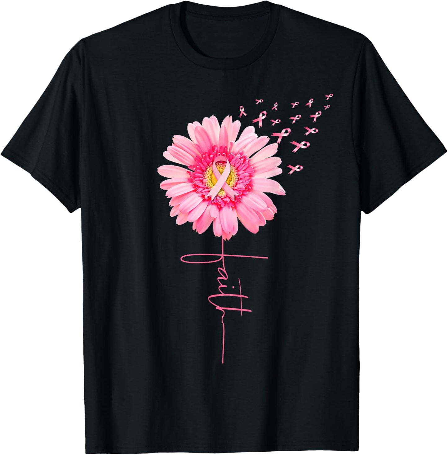 Pink Ribbon Daisy Faith - Breast Cancer Awareness Month Gift T-Shirt - T-Shirt | Black