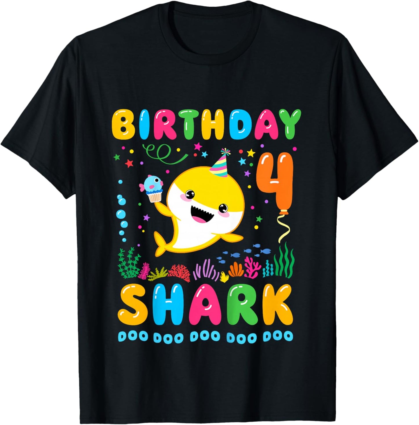 Kids Birthday Shark 4 Year Old Boy or Girl 4th Bday Kawaii T-Shirt - T-Shirt | Black