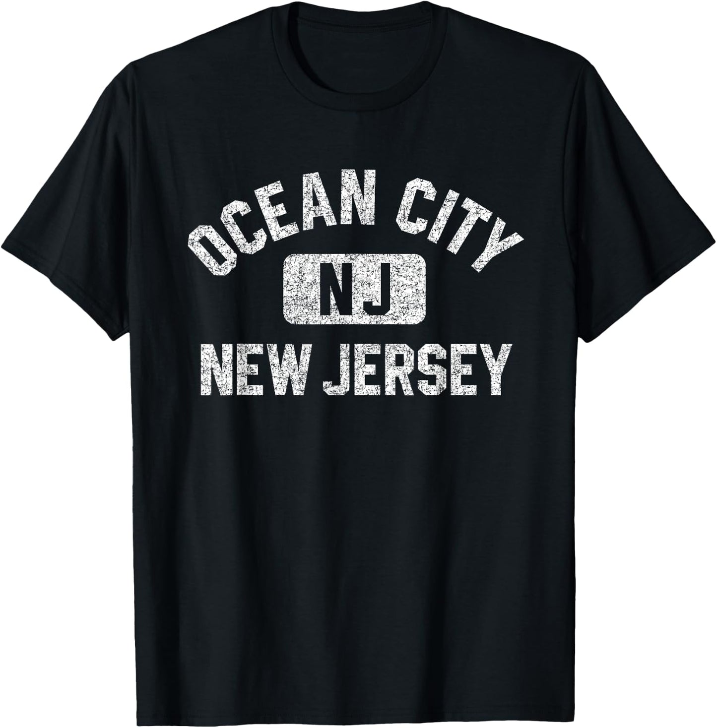 Ocean City New Jersey Gym Style Distressed White Print T-Shirt - T-Shirt | Black