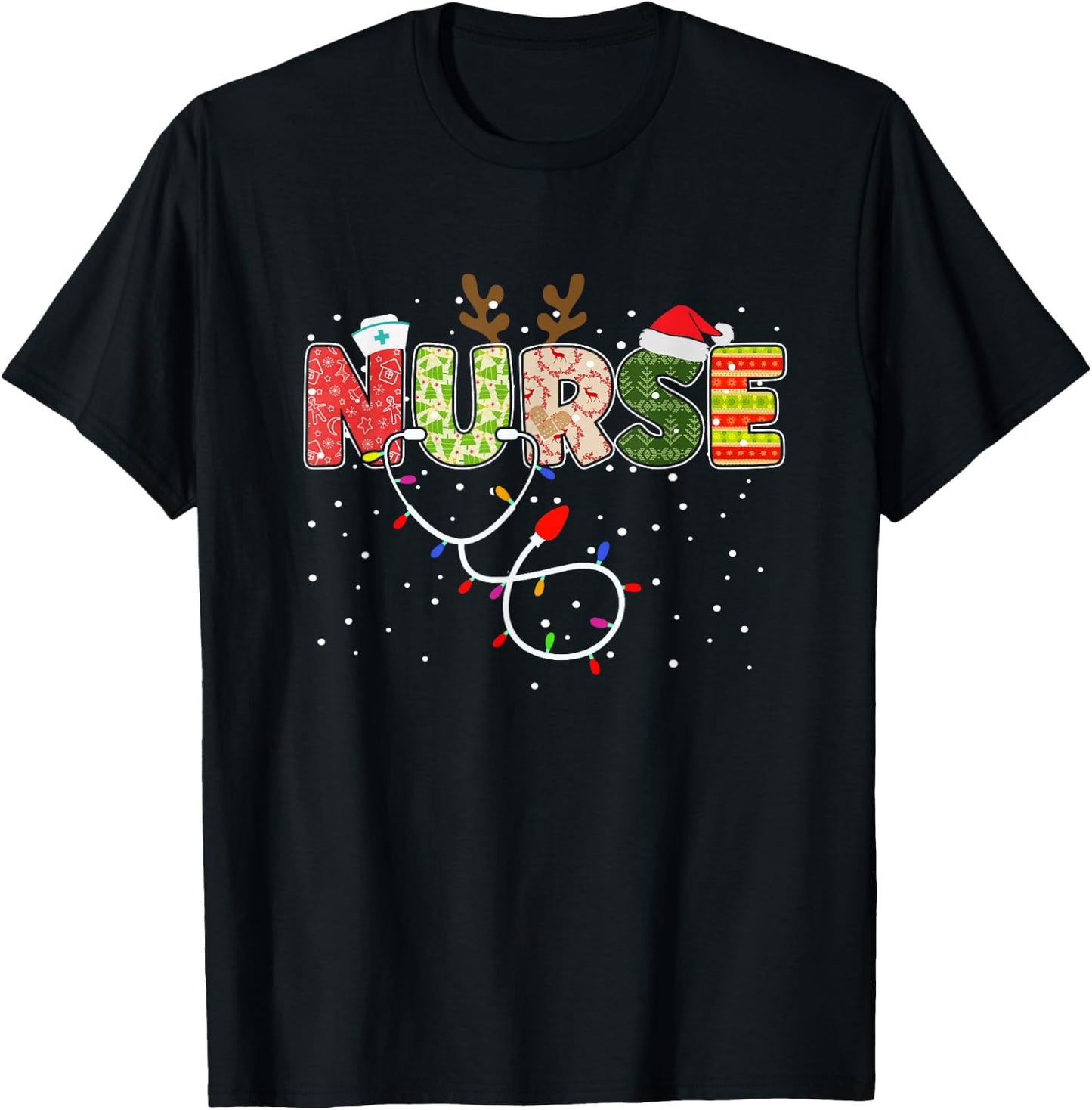 Stethoscope Santa Hat Reindeer Xmas Christmas Nurse T-Shirt - T-Shirt | Black