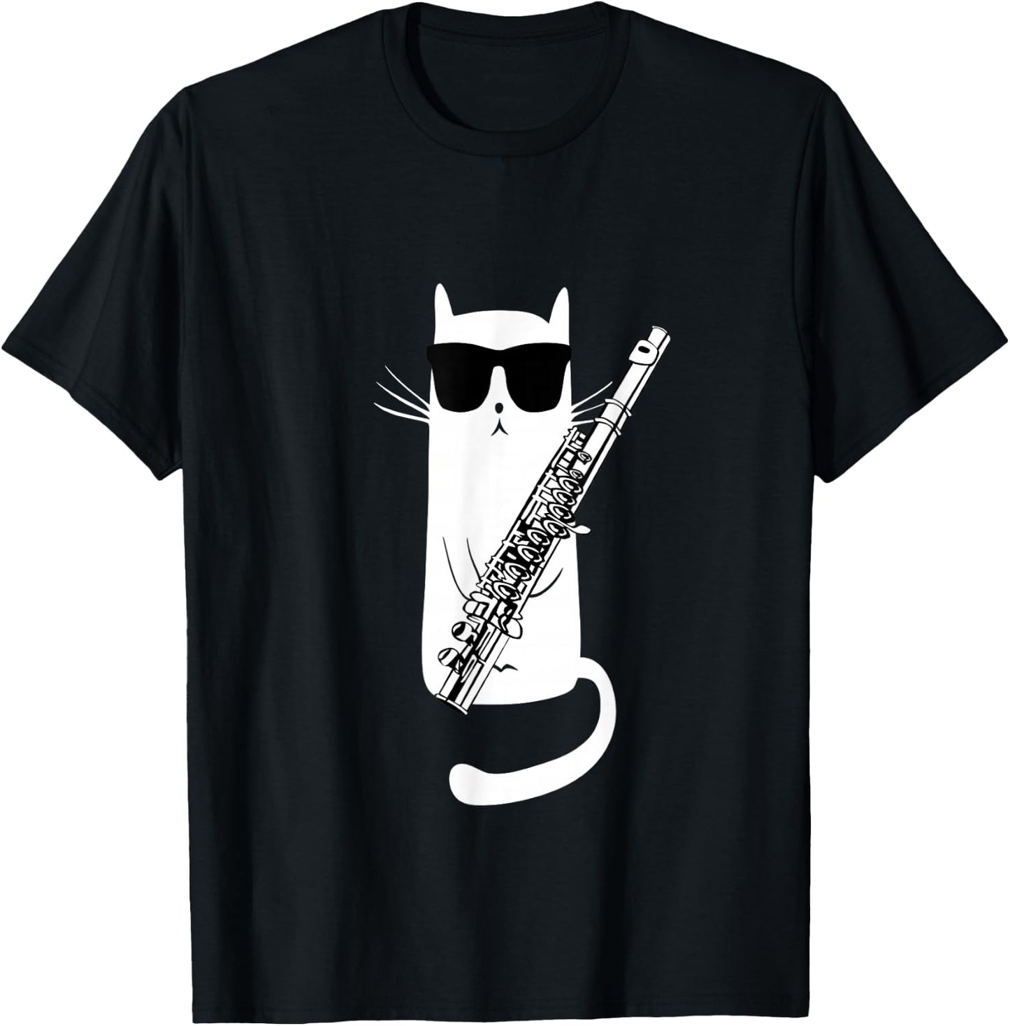 Funny Cat Wearing Sunglasses Playing Flute Small T-Shirt - T-Shirt | Black