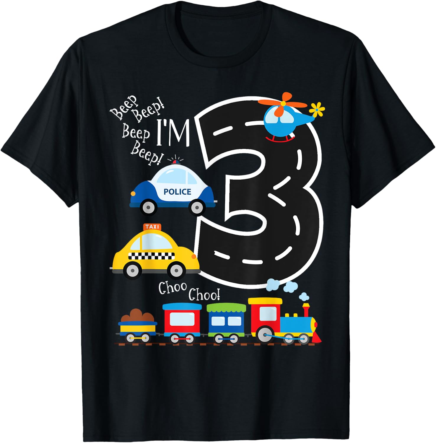 Kids Trucks Train 3rd Birthday Party Toddler 3 Year Old Bday T-Shirt - T-Shirt | Black