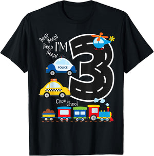 Kids Trucks Train 3rd Birthday Party Toddler 3 Year Old Bday T-Shirt - T-Shirt | Black