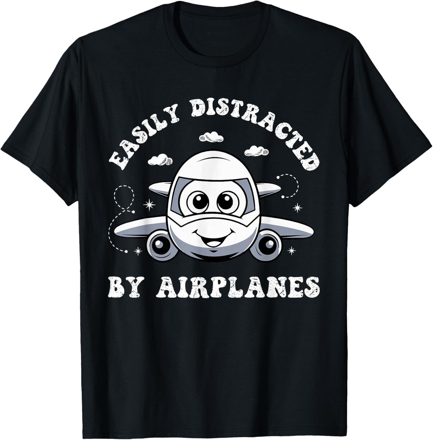 Funny Easily Distracted By Airplanes Pilot Aviation Lover T-Shirt - T-Shirt | Black