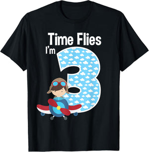 Time Flies I'm 3 3rd Birthday Airplane Pilot Flying T-Shirt - T-Shirt | Black