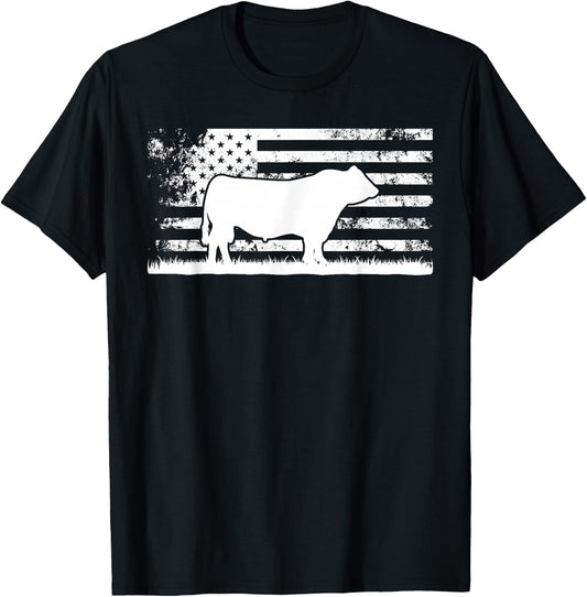 USA American Flag - America Cow Black Angus Rancher T-Shirt - T-Shirt | Black
