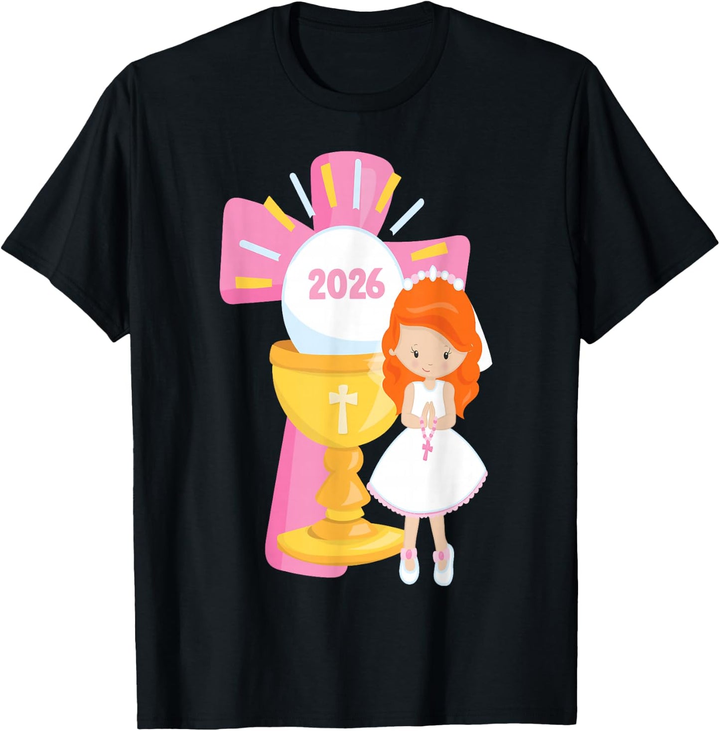 Redhead Girl First Communion 2026 Pink Cross Chalice Rosary T-Shirt - T-Shirt | Black