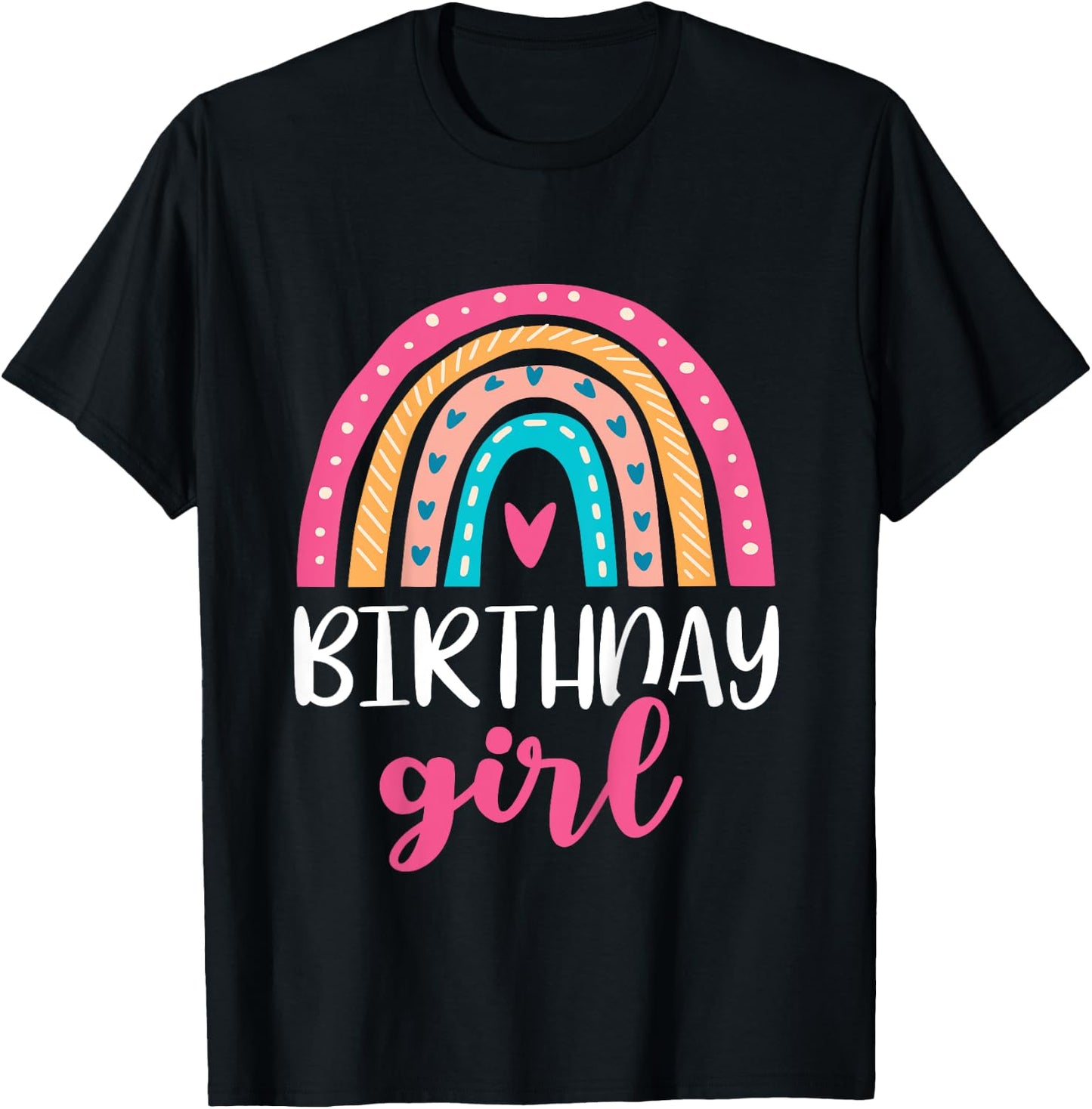 Girl's Birthday Boho Rainbow Birthday Retro Throwback Pink T-Shirt - T-Shirt | Black