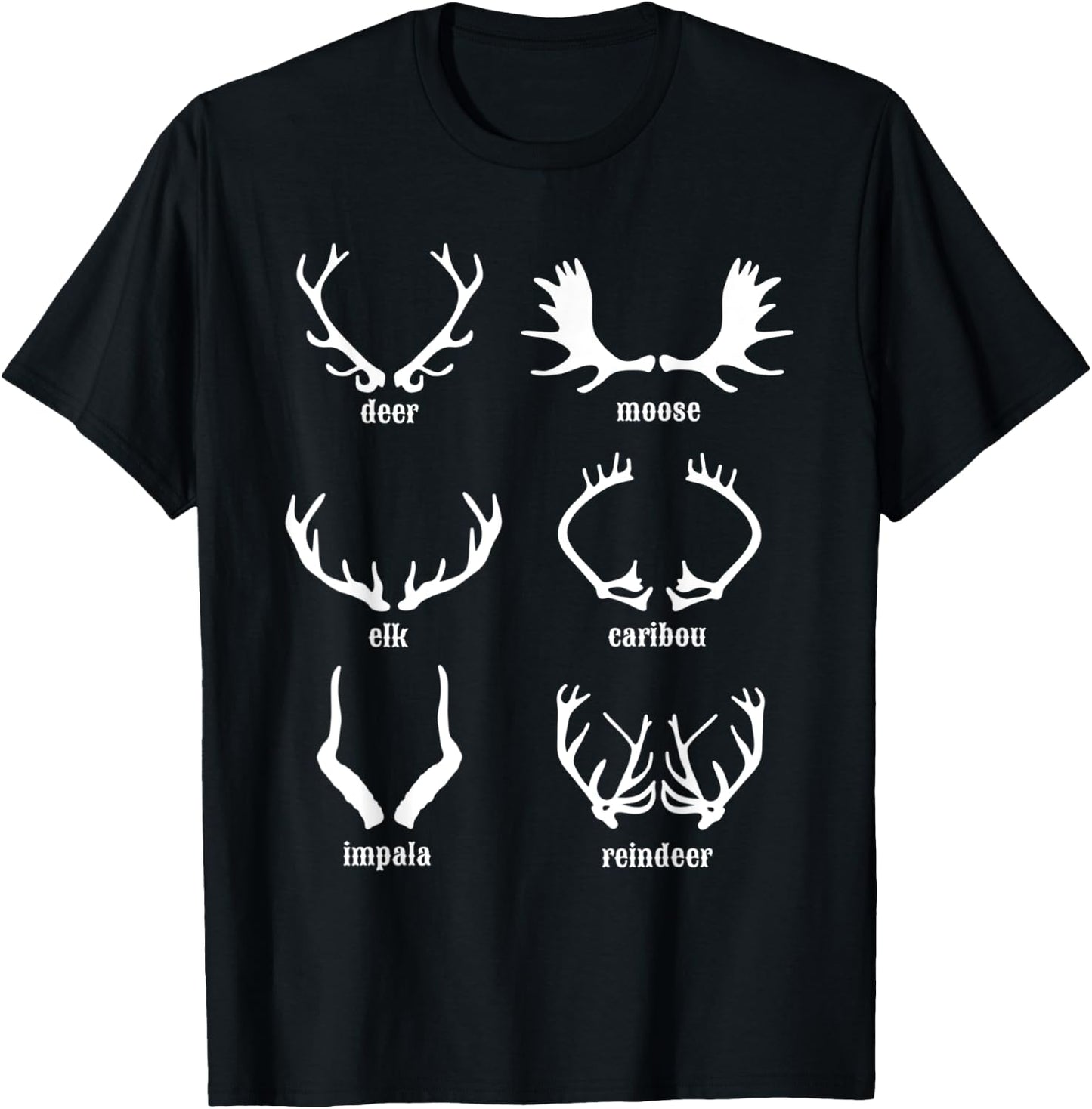 Types Of Antlers Elk Caribou Impala Reindeer Moose Deer Horn T-Shirt - T-Shirt | Black