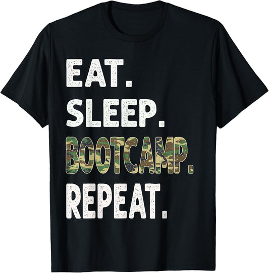 Funny Camo Eat Sleep BootCamp Repeat Camouflage Graphic T-Shirt - T-Shirt | Black