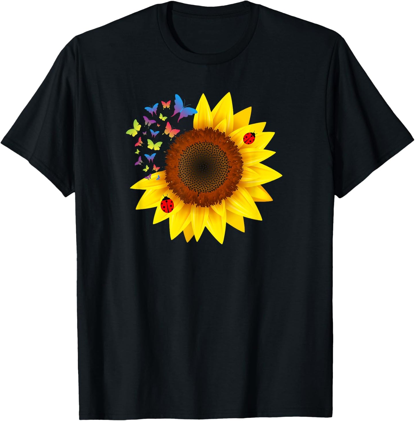 Sunflower, Ladybug, Butterflys, Design T-Shirt - T-Shirt | Black