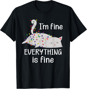 I'm Fine Everything is Fine Christmas Lights Funny Cat Lover T-Shirt - T-Shirt | Black