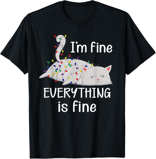 I'm Fine Everything is Fine Christmas Lights Funny Cat Lover T-Shirt - T-Shirt | Black