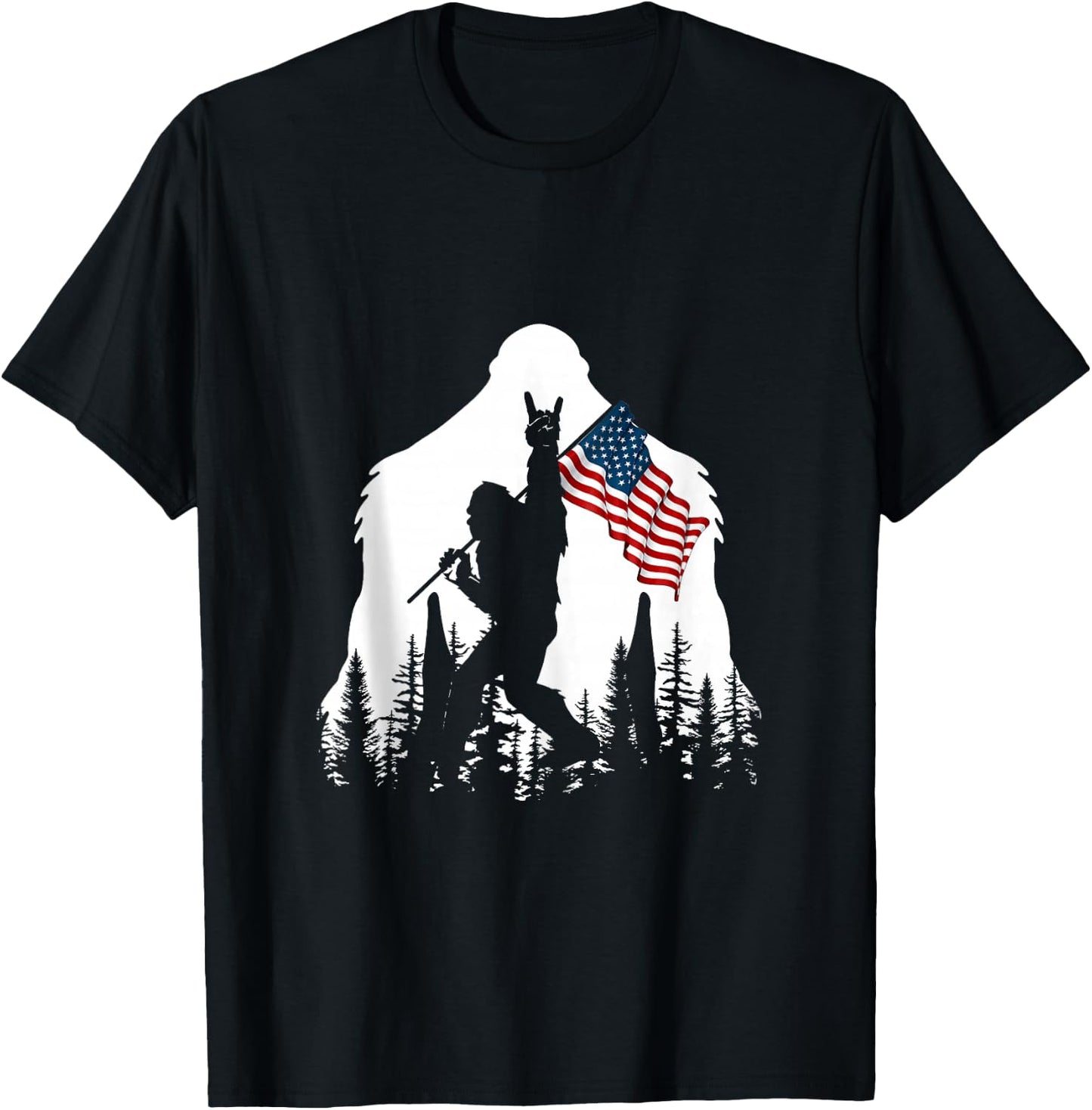 Bigfoot Rock On Hold American Flag Sasquatch Believers T-Shirt - T-Shirt | Black