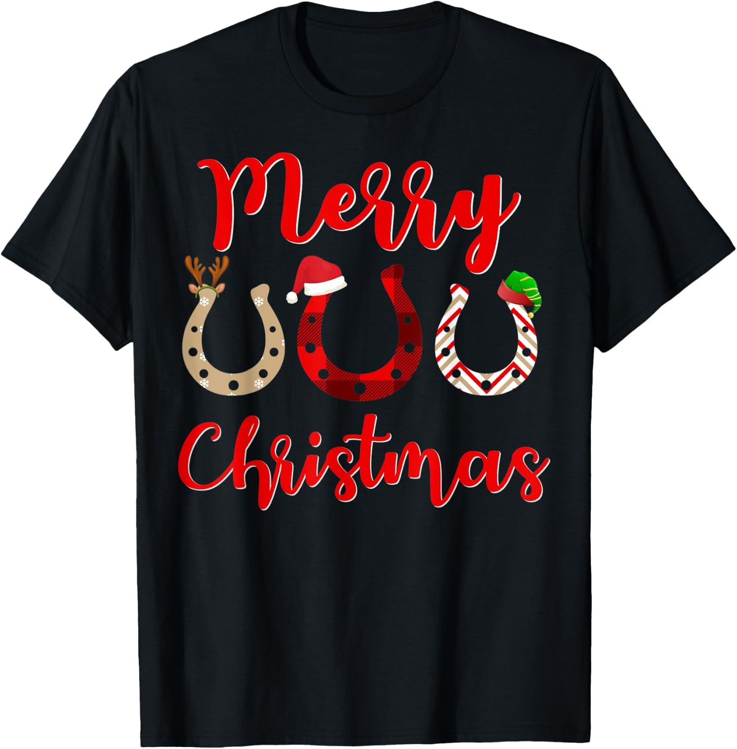 Christmas Horseshoe, Santa Hat, Horse T-Shirt - T-Shirt | Black