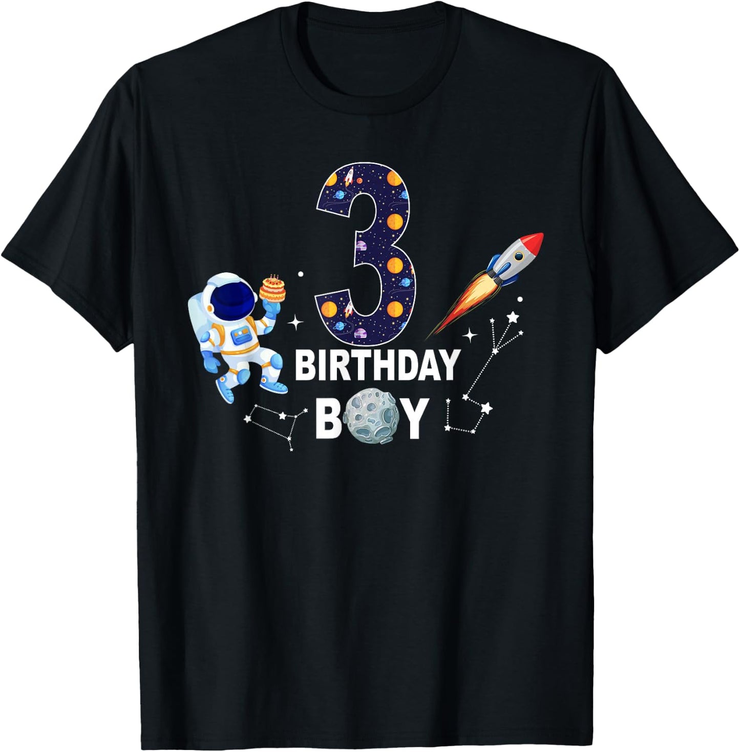 3 Years Old Birthday Boy Space Astronaut 3rd Birthday T-Shirt - T-Shirt | Black