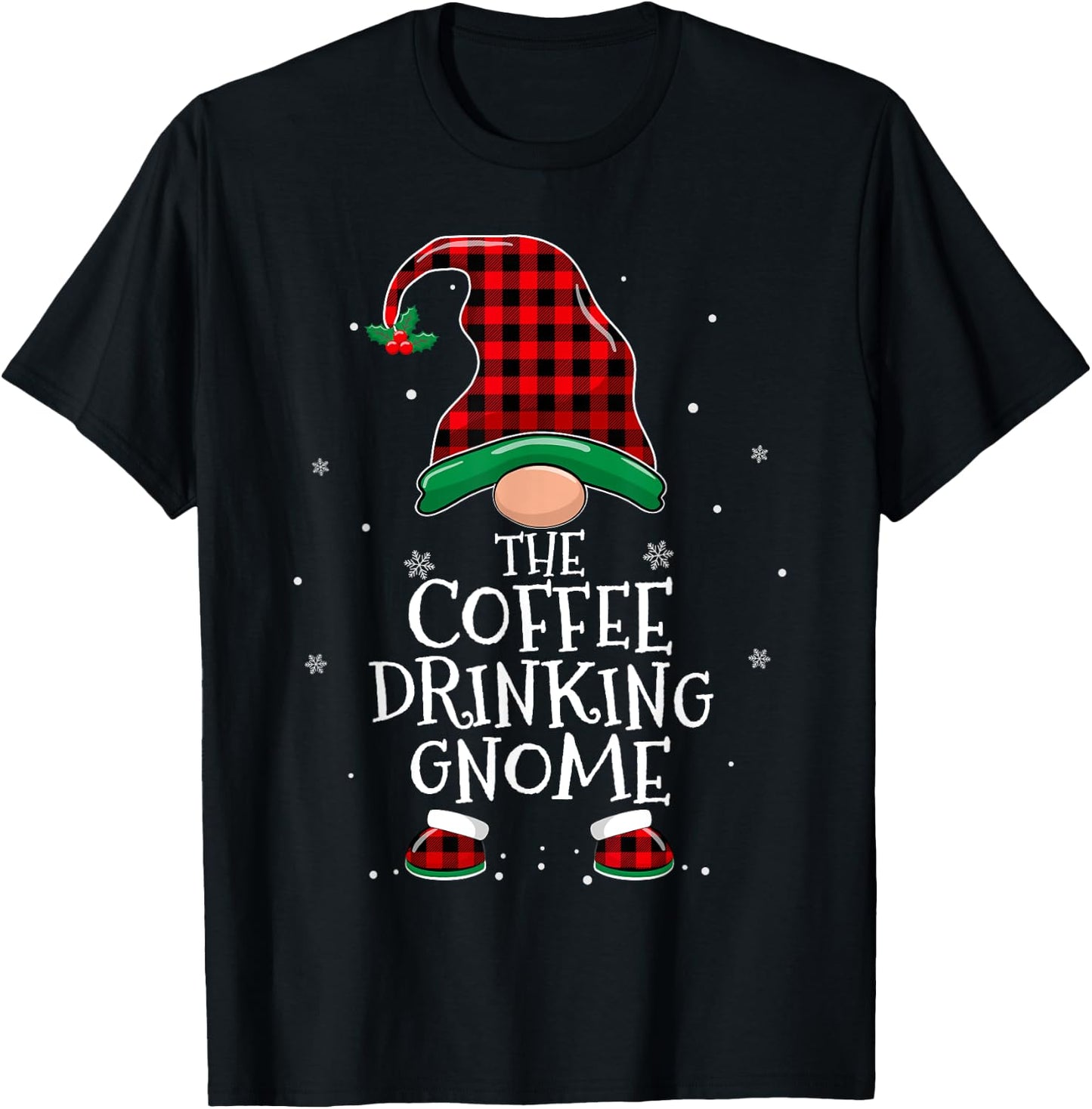 Coffee Drinking Gnome Xmas Family Matching Funny Christmas T-Shirt - T-Shirt | Black