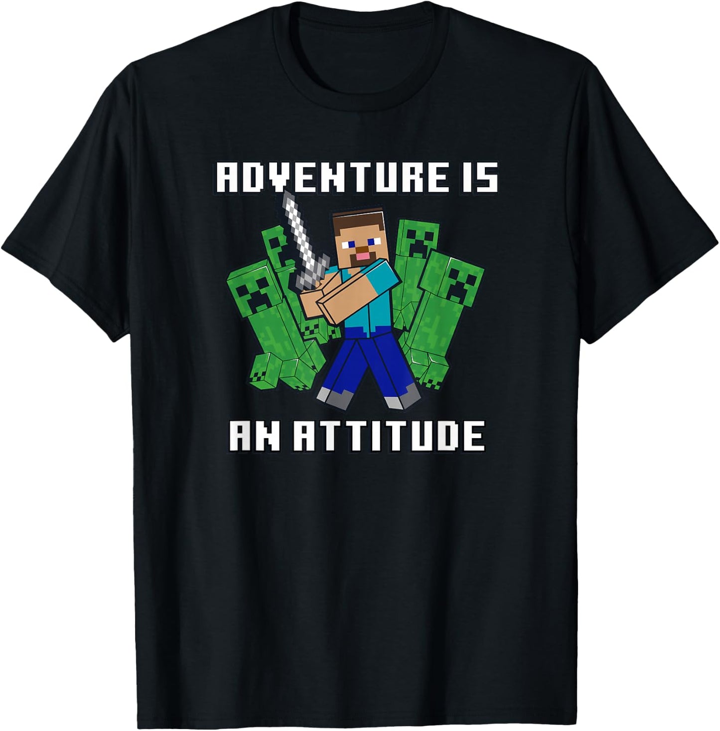 Minecraft Steve Fights Creepers Adventure T-Shirt - T-Shirt | Black