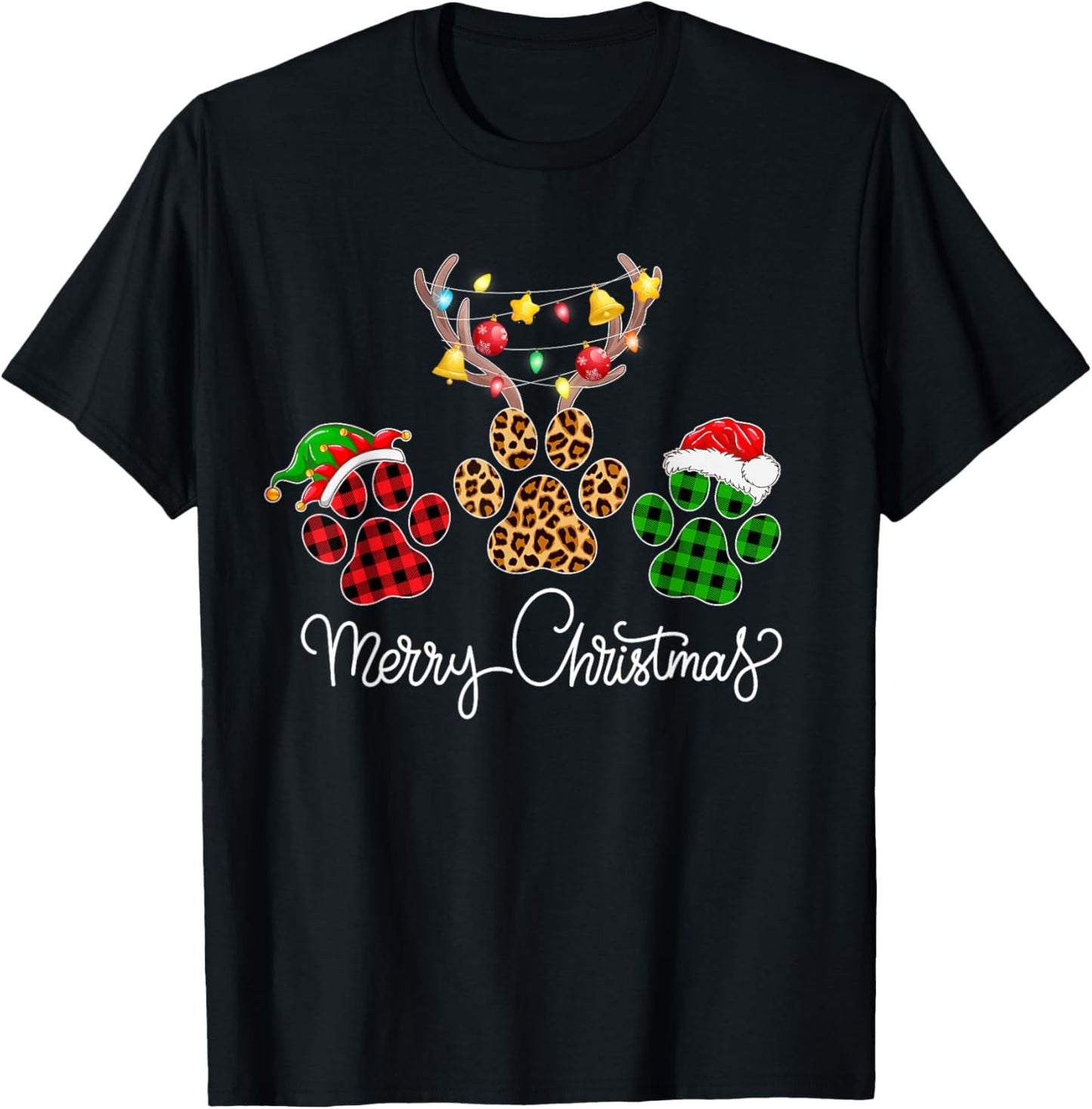 Merry Christmas Dog Paws Lights Buffalo Plaid & Leopard Xmas Men Women Kids T-Shirt - T-Shirt | Black