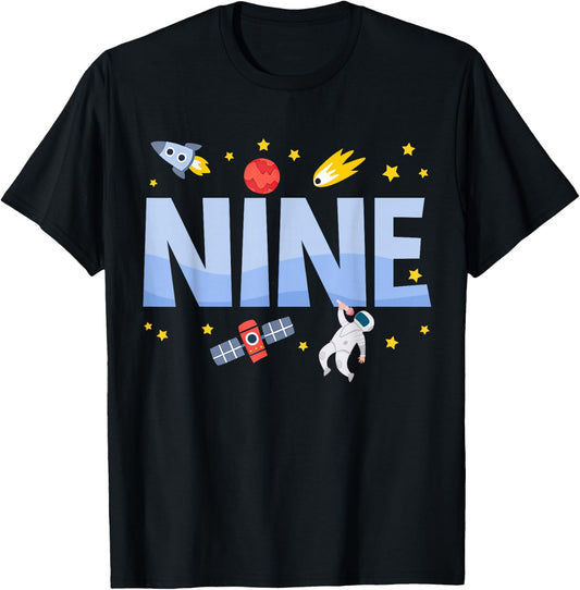 Nine Birthday Boys Astronaut 9th Bday Party 9 Year Old Kids T-Shirt - T-Shirt | Black