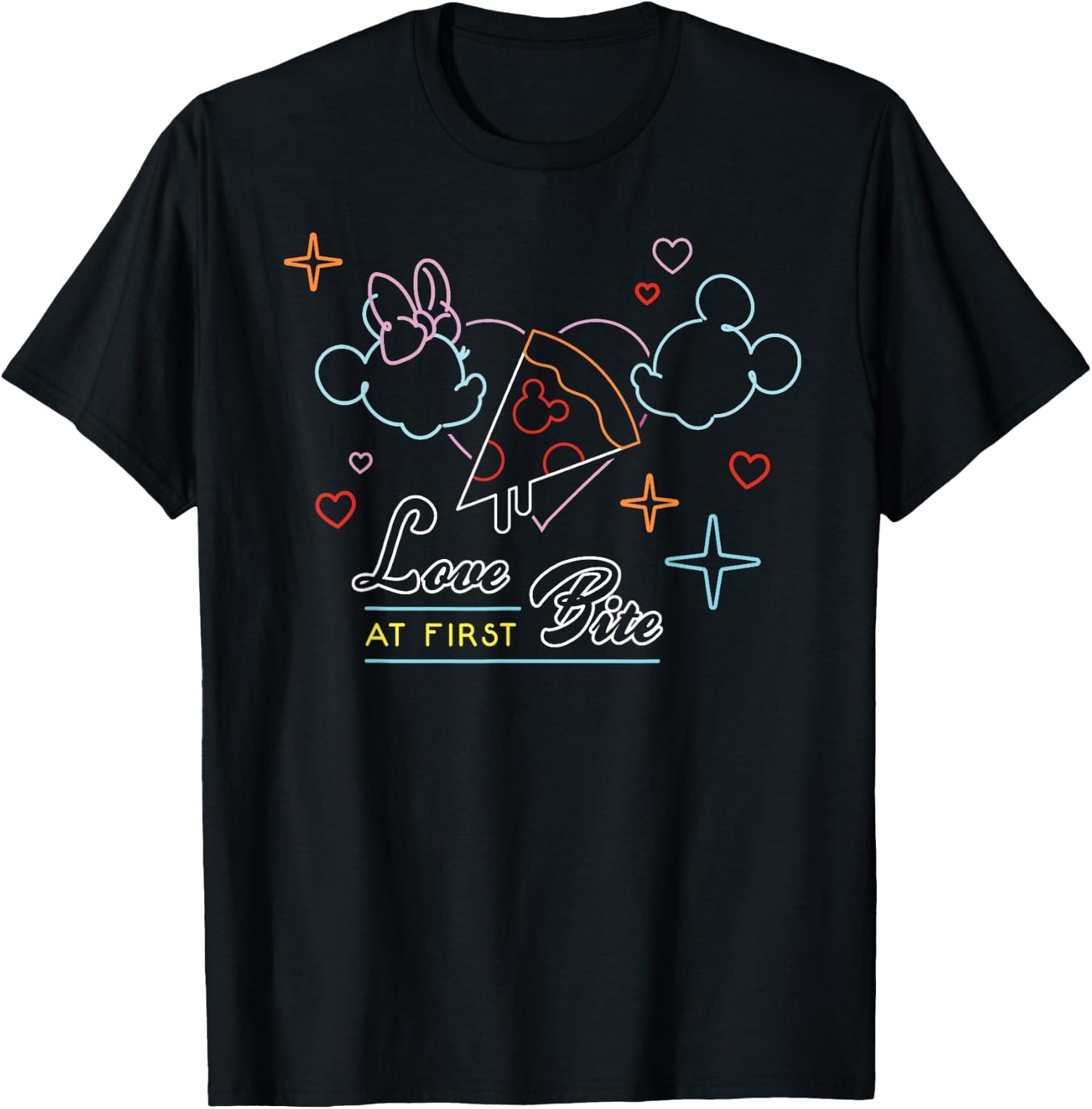 Disney Mickey and Minnie Mouse Neon Pizza Love At First Bite T-Shirt - T-Shirt | Black