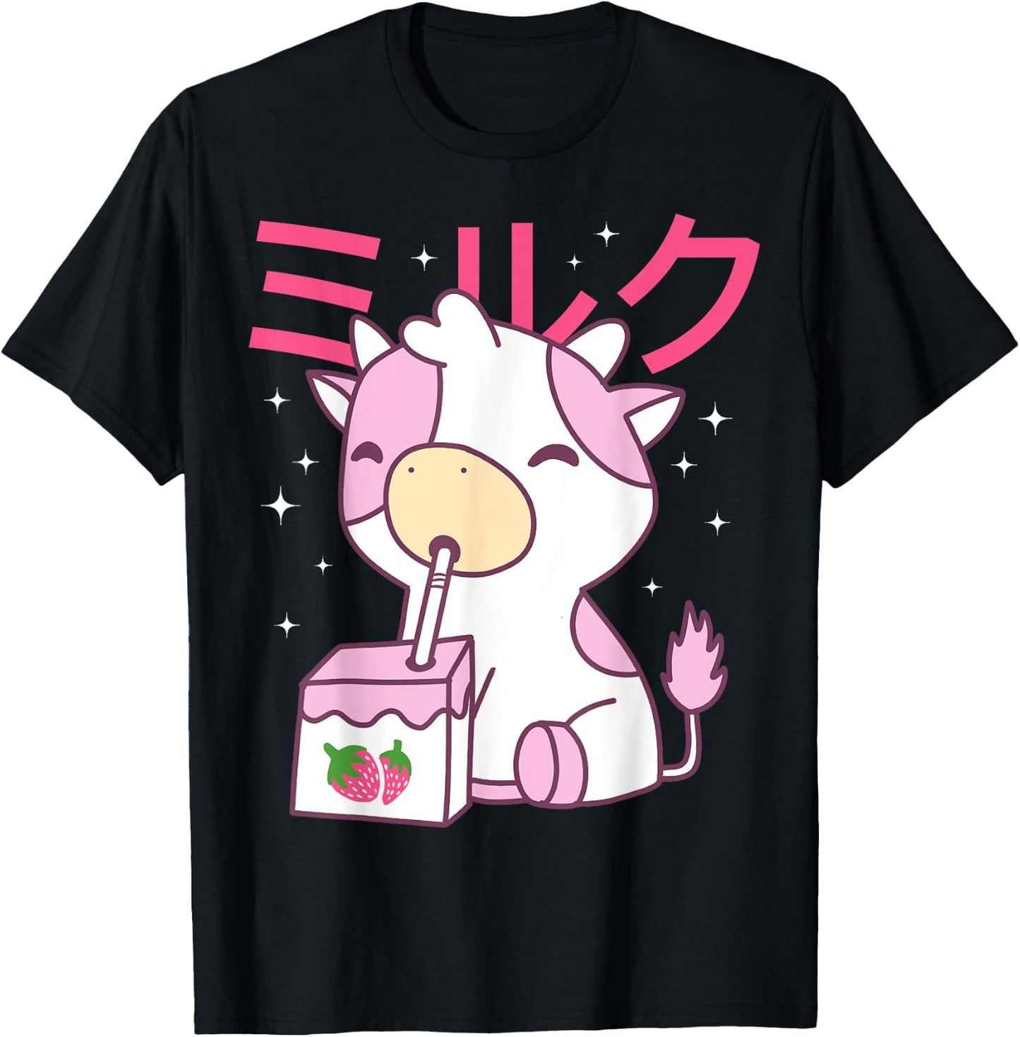 Strawberry Milk Drinking Cute Kawaii Cow T-Shirt - T-Shirt | Black