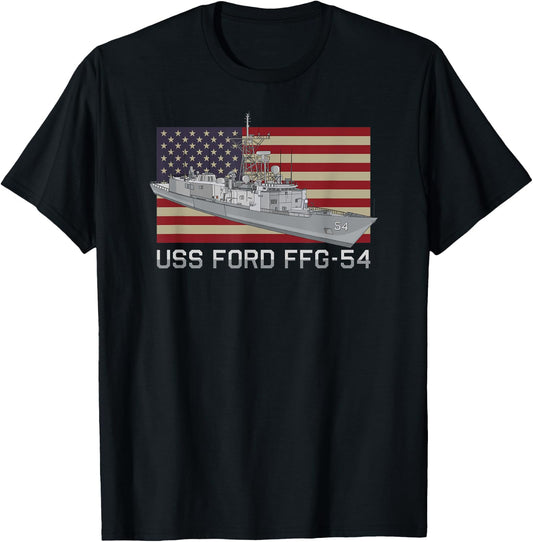 USS Ford FFG-54 Ship Diagram American Flag T-Shirt - T-Shirt | Black