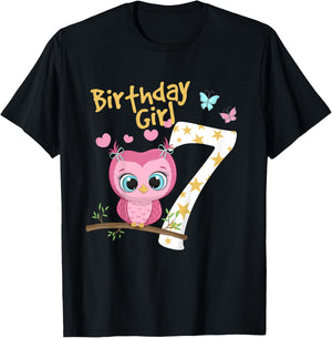 7th Birthday Shirt For Girls Owl Birthday Girl 7 Years T-Shirt - T-Shirt | Black