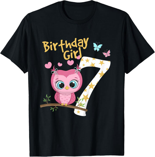 7th Birthday Shirt For Girls Owl Birthday Girl 7 Years T-Shirt - T-Shirt | Black
