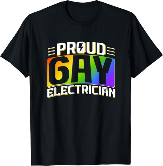 Proud Gay Electrician LGBT Electrical Lineman Rainbow Pride T-Shirt - T-Shirt | Black