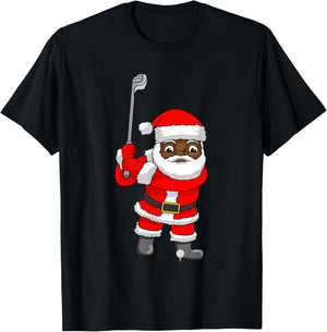 African American Santa Claus Golf Golfer Christmas T-Shirt - T-Shirt | Black