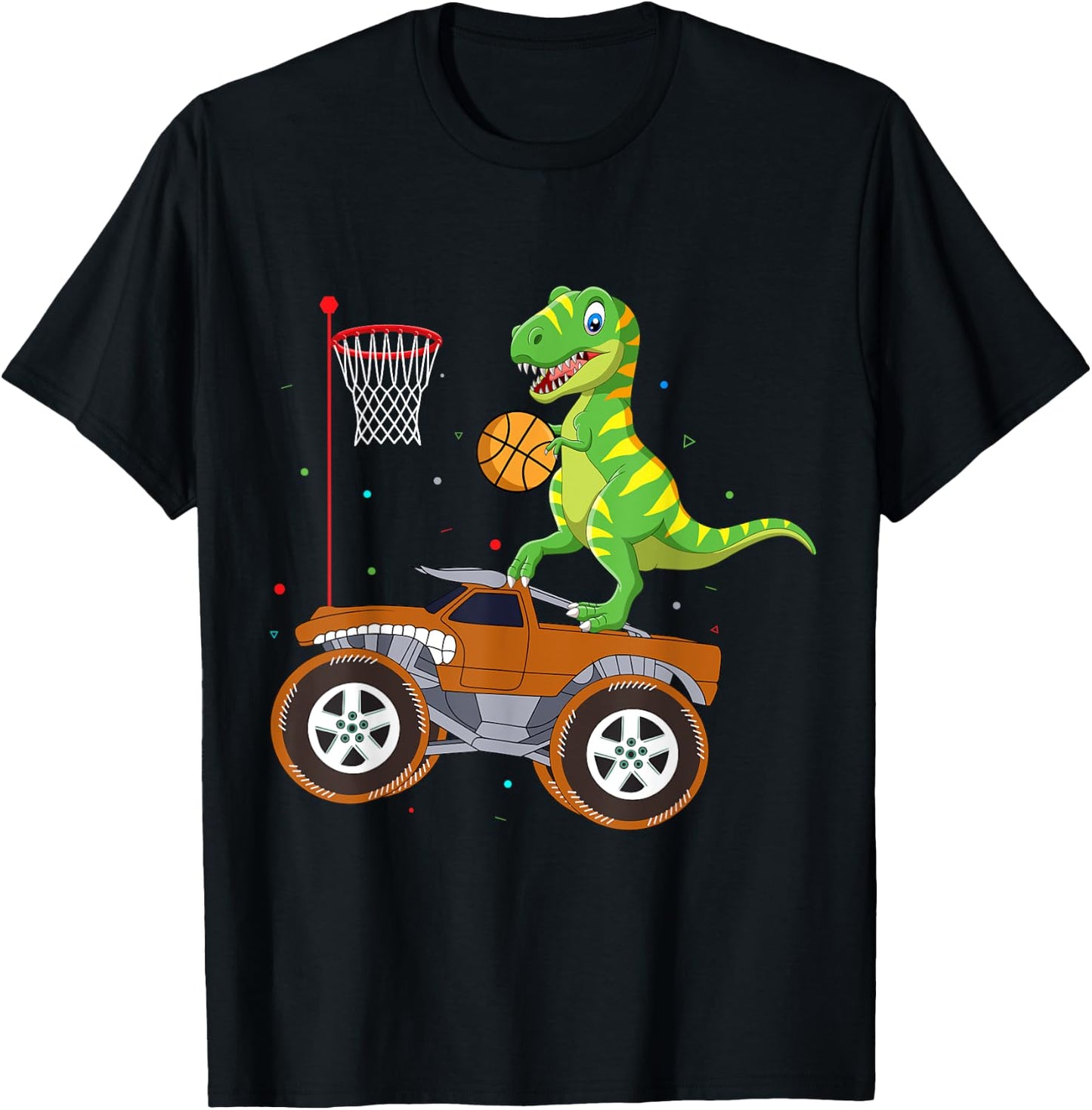 T Rex Dinosaur Playing Basketball Monster Truck Boys Girls T-Shirt - T-Shirt | Black