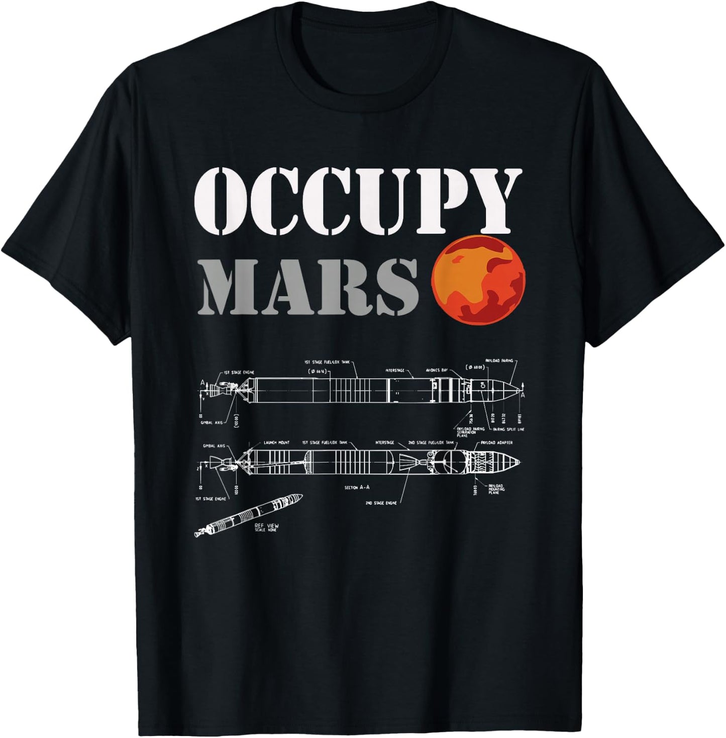 Occupy Mars - rocket blueprint Mans woman's kids T-Shirt - T-Shirt | Black
