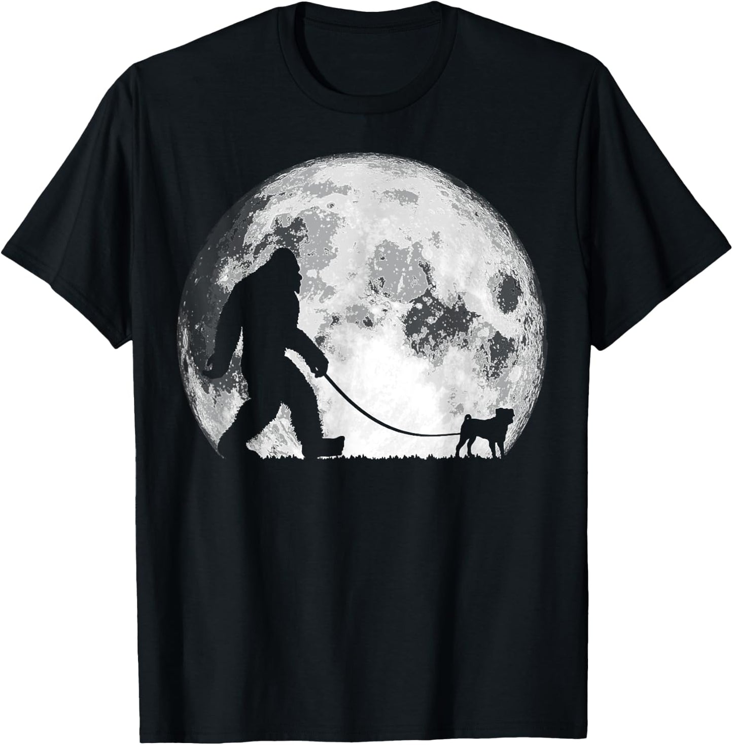 Bigfoot & Pug Funny Night Time Dog Walking Graphic Women T-Shirt - T-Shirt | Black