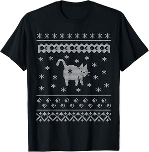 Cat Butt Christmas Winter Holiday Ugly Sweater Pattern Men Women T-Shirt - T-Shirt | Black