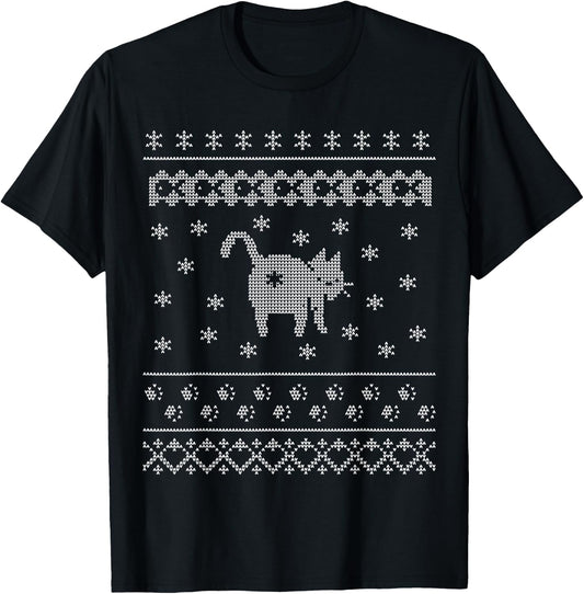 Cat Butt Christmas Winter Holiday Ugly Sweater Pattern Men Women T-Shirt - T-Shirt | Black