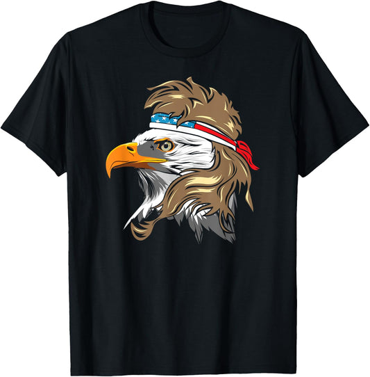 Bald Eagle with Mullet and American Flag Bandanna Women Men T-Shirt - T-Shirt | Black