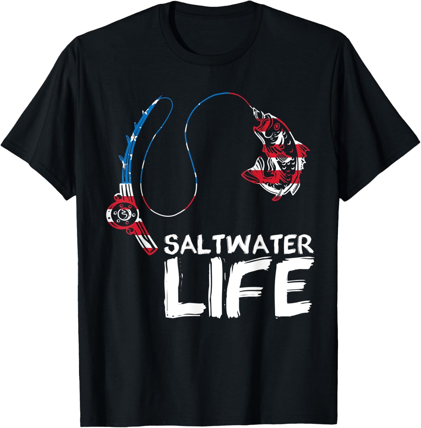 Saltwater Life US Flag Fishing Rod Bass Fishing Fish Catcher T-Shirt - T-Shirt | Black