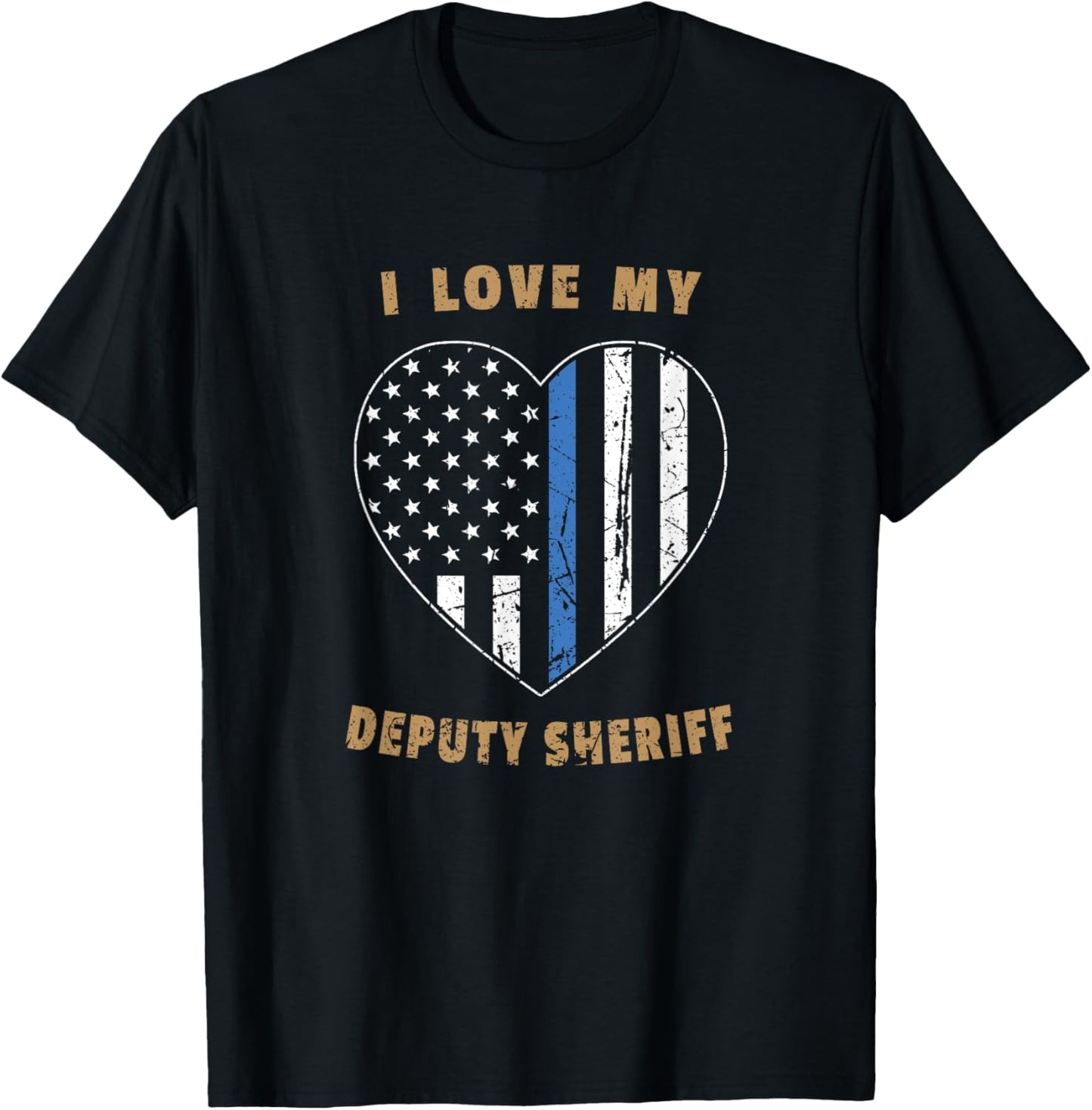 Retro I Love My Deputy Sheriff Blue Line American Flag Heart T-Shirt - T-Shirt | Black