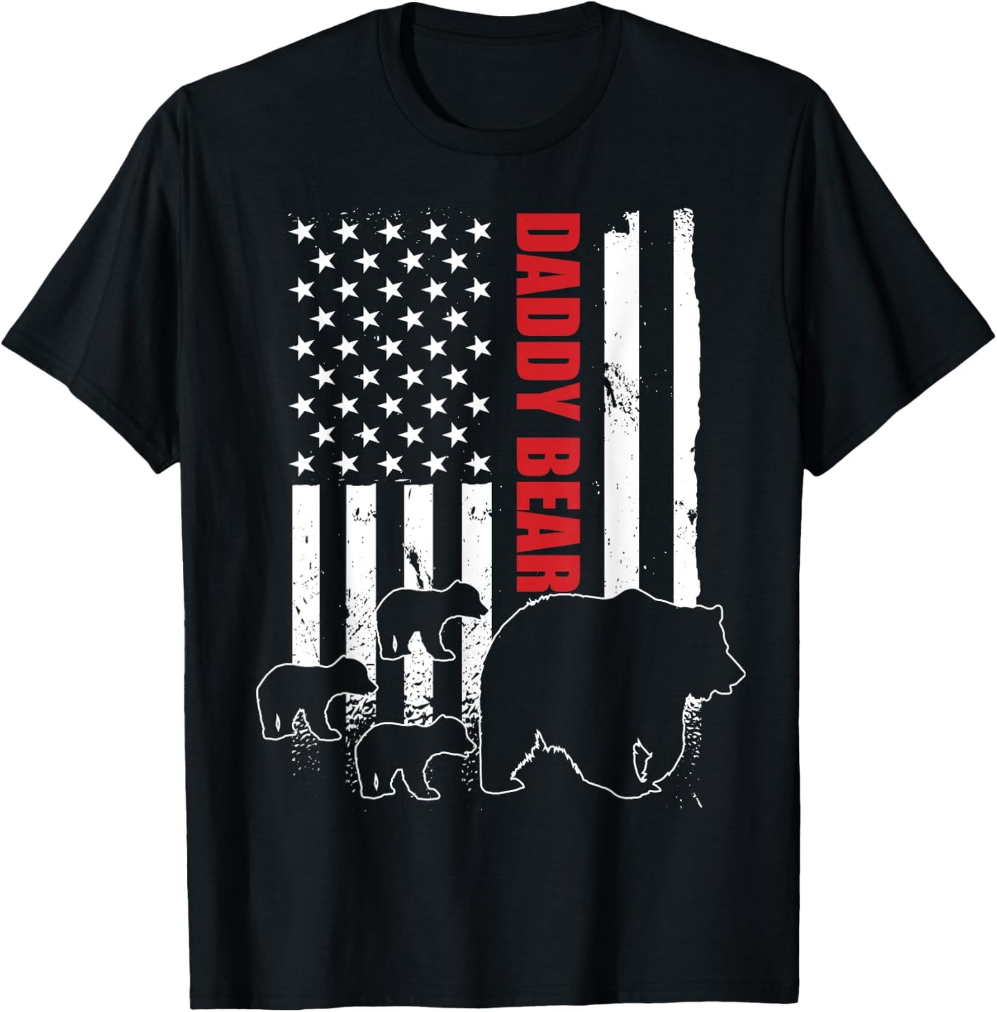Daddy Bear with 3 cubs American Flag Daddy Bear Triplets T-Shirt - T-Shirt | Black