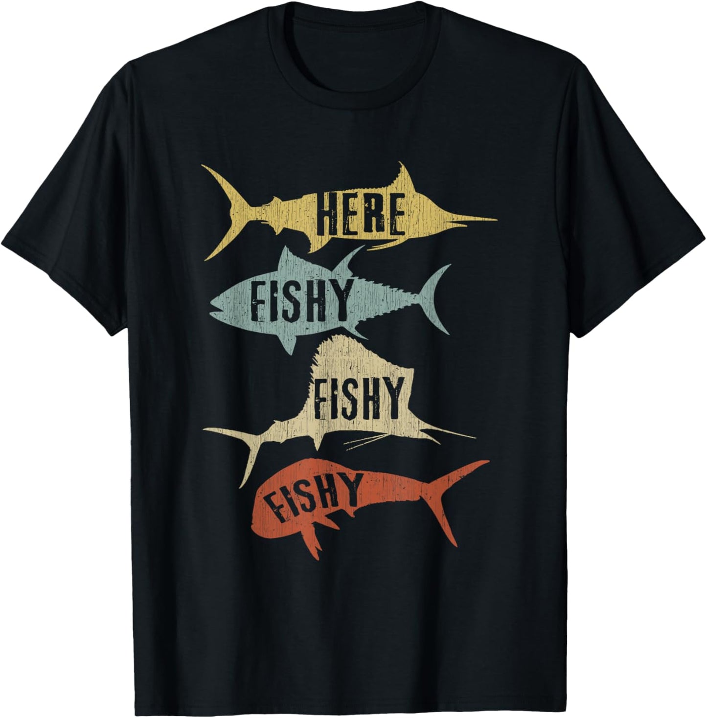 Salt Water Fishing Gift Ideas Funny Vintage Here Fishy-Fishy - Men's Black Cotton Polyester Short Sleeve - Small T-Shirt - T-Shirt | Black