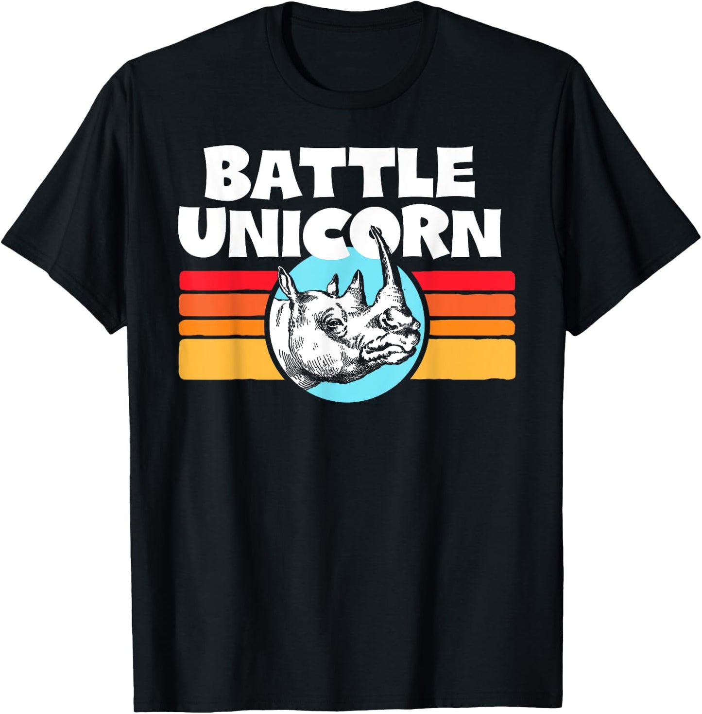 Battle Unicorn! Funny Retro 80s Rainbow Rhino Rhinoceros T-Shirt - T-Shirt | Black