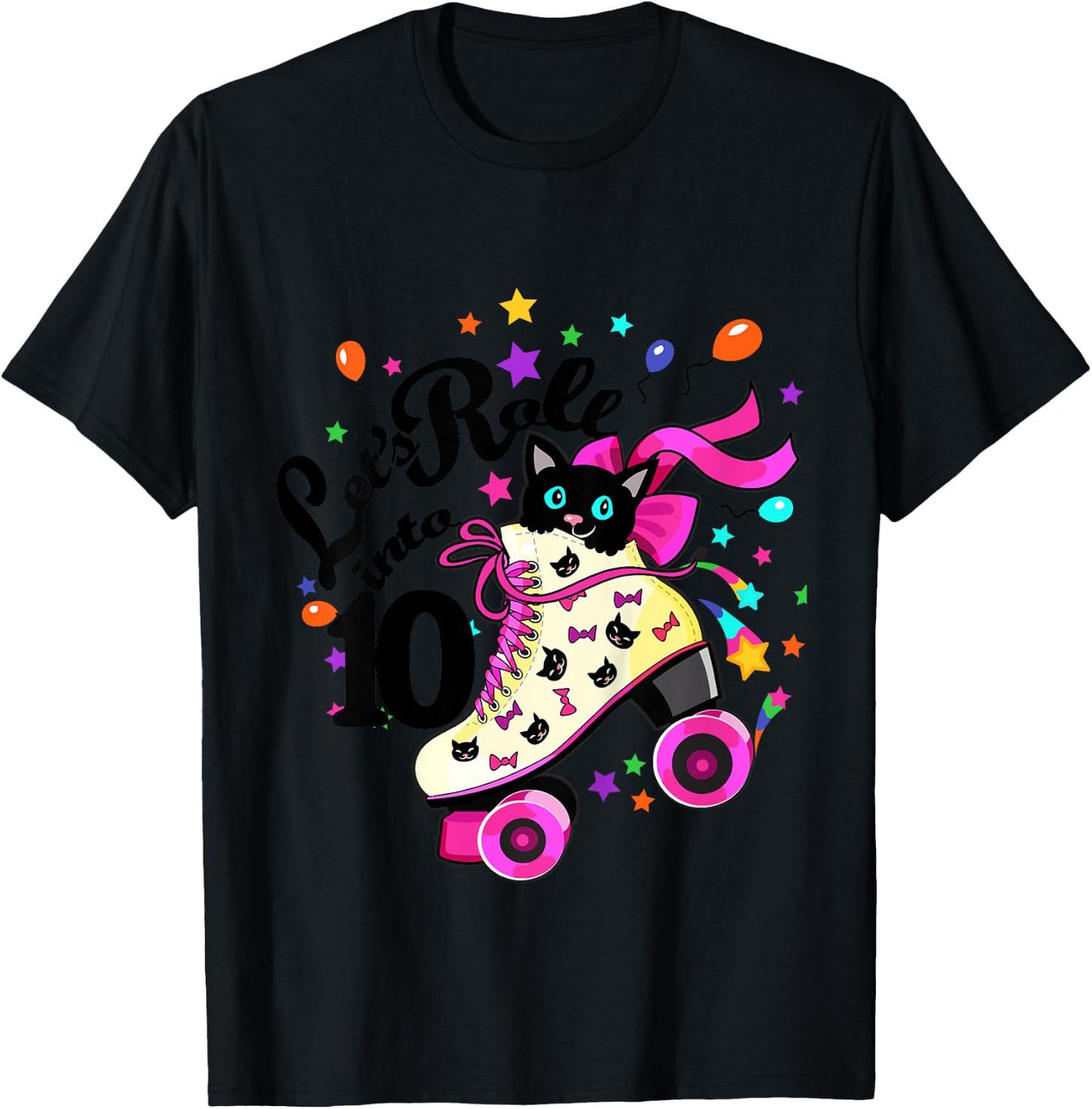 Kids 10 Year Old Birthday Shirt Girl Roller Skate Cat Bday Dress T-Shirt - T-Shirt | Black