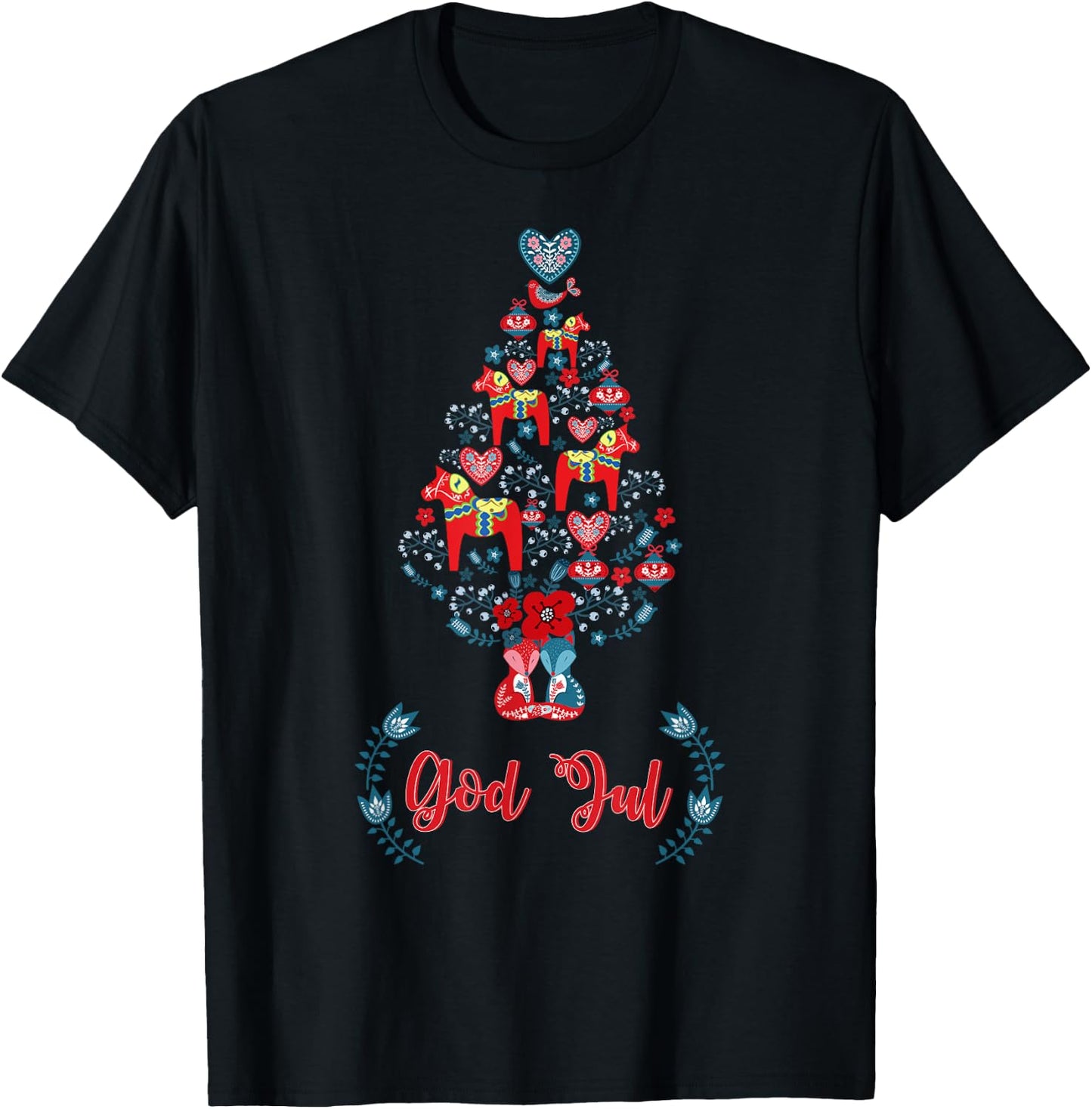 God Jul Red Swedish Dala Horse Christmas Tree T-Shirt - T-Shirt | Black