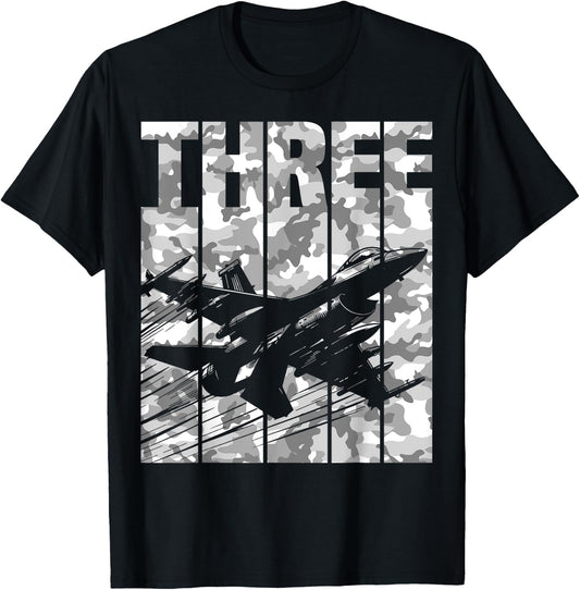 Military Fighter Jet Camo Three Year Old Boys 3rd Birthday T-Shirt - T-Shirt | Black