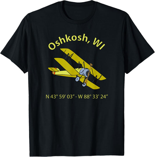 Oshkosh Flight Coordinates Vintage Biplane Aviators T-Shirt - T-Shirt | Black