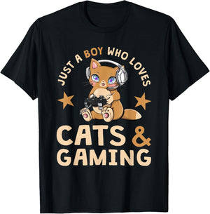 Just A Boy Who Loves Cats And Gaming Cute Gamer Cat T-Shirt - T-Shirt | Black