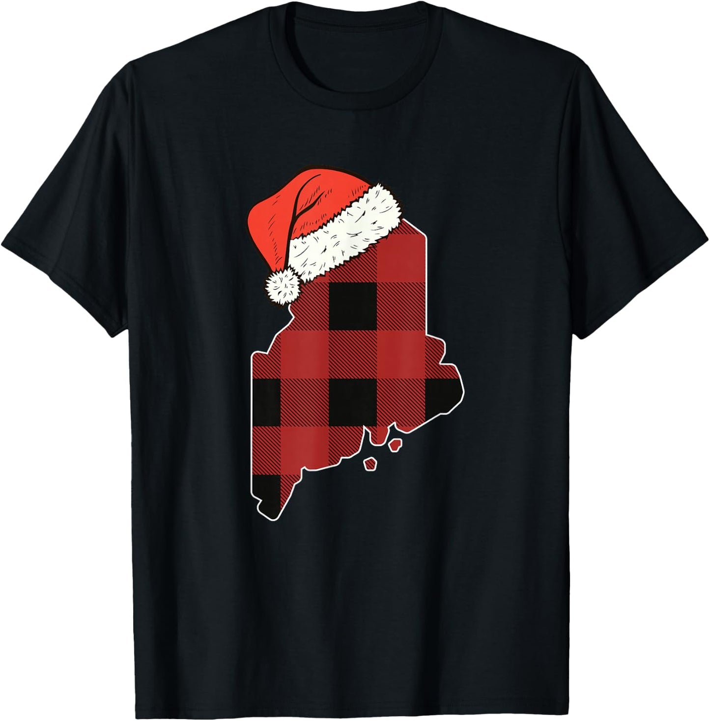 Maine Plaid Christmas Santa Hat Holiday Matching Design T-Shirt - T-Shirt | Black