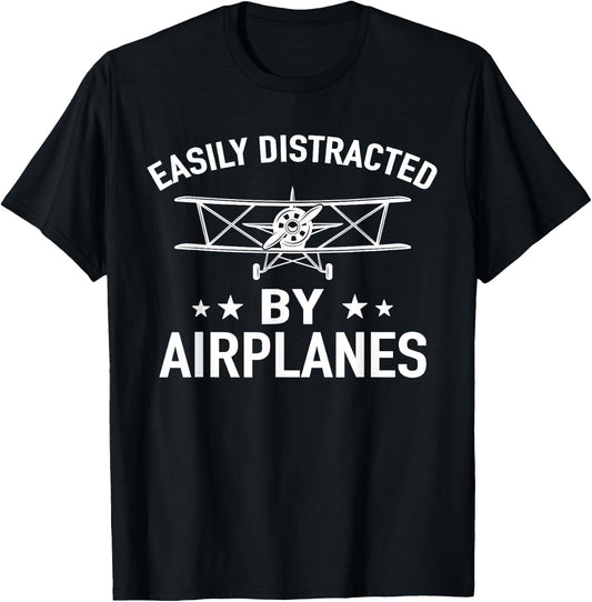 Easily Distracted by Airplanes - Plane Pilot Biplane T-Shirt - T-Shirt | Black