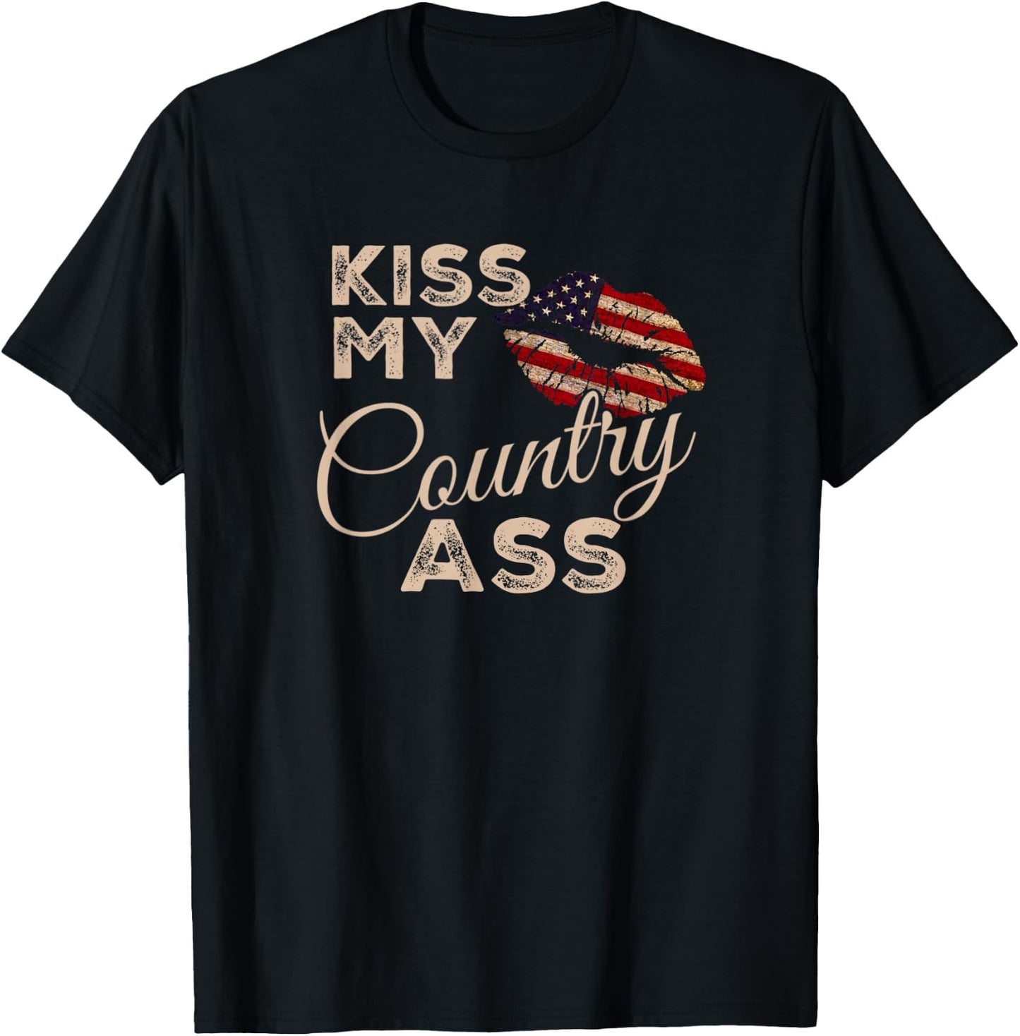 Kiss My Country Ass, Patriotic Grunge Flag Lips T-Shirt - T-Shirt | Black